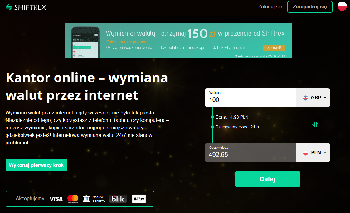 Kantor online shiftrex.com - wymieniaj EUR na PLN 24/7