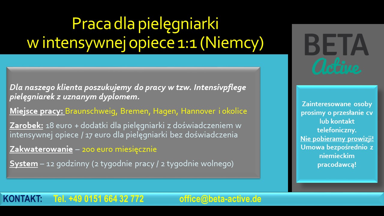 Praca dla pielęgniarki w intensywnej opiece 1:1 (Niemcy)