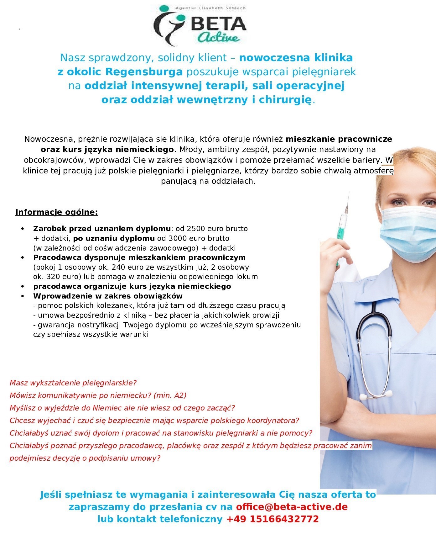 Pielegniarka – Klinika kolo Regensburga poszukuje pielegniarek